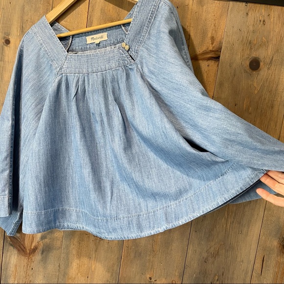 Madewell square neck bell sleeve chambray peasant crop top - Picture 3 of 7